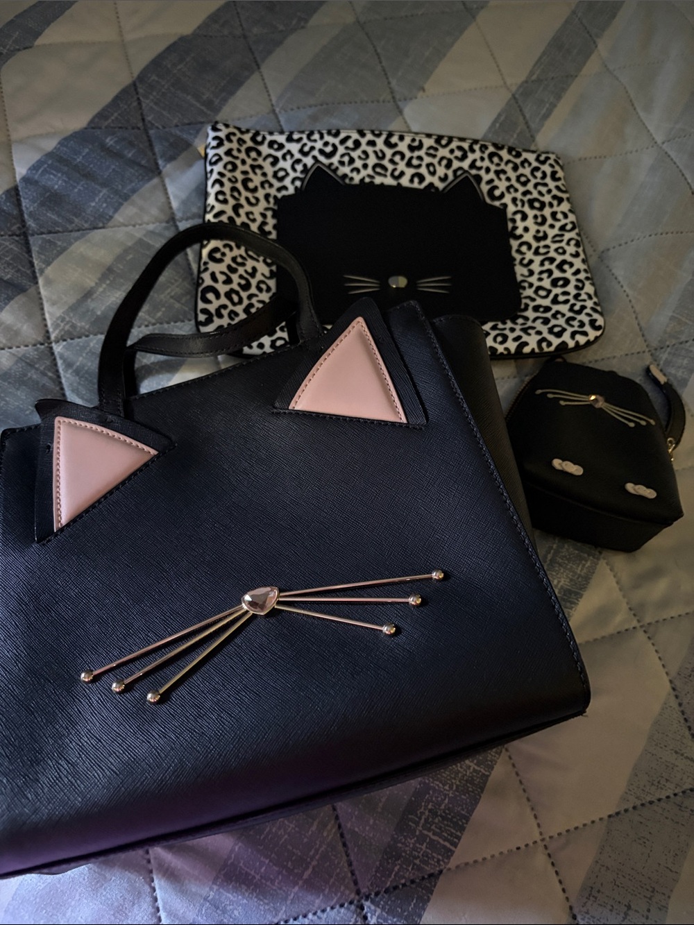 kate spade Black Tote with Pink Ear Accents and Gold Whisker Detail